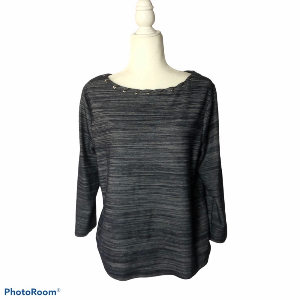 Chico's Navy 3/4 Sleeve Top with Faux Leather Detail